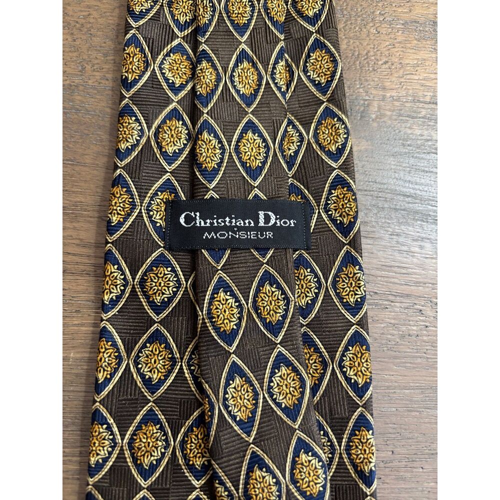 Vintage Christian Dior Monsieur Silk Tie Brown & Gold Geometric Medallion 90s - Picture 2 of 6